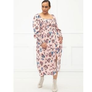 Eloquii Pink Floral Smocked Midi‎ Dress